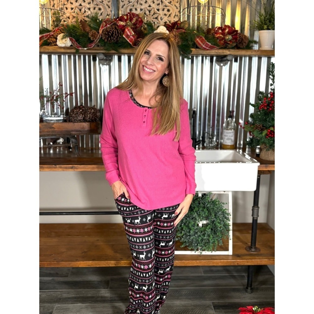 Muk Luks Women's 3 Piece Ribbed Knit Pajama Dancing Deer Size Medium NEW